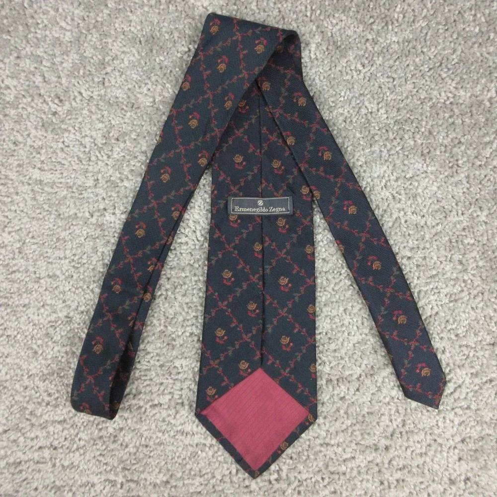 Ermenegildo Zegna Tie‎ Mens Navy Blue Floral Printed Silk Necktie Pointed EUC